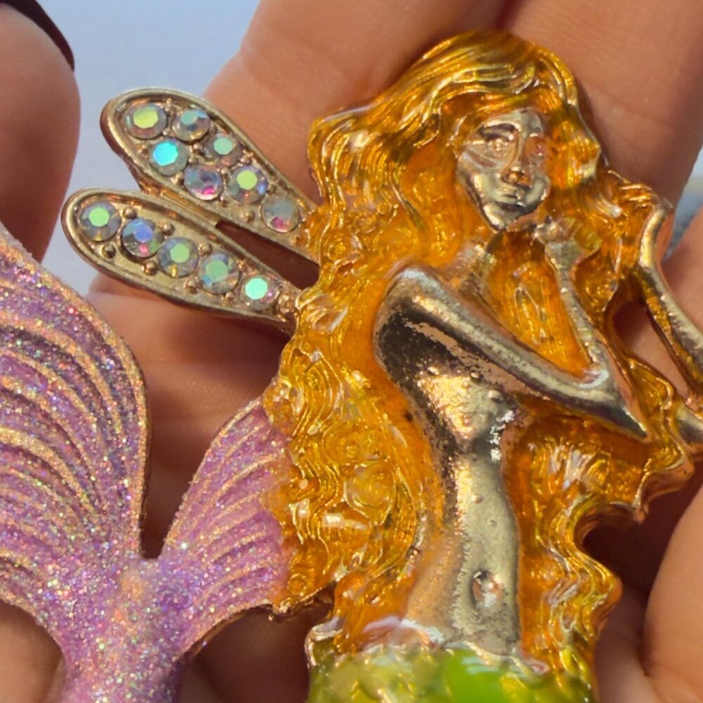 Mermaid FairyBrooch Pastel Color Enamel Fantasy Rhinestone Statement Pin – 3.25” - Picture 3 of 7